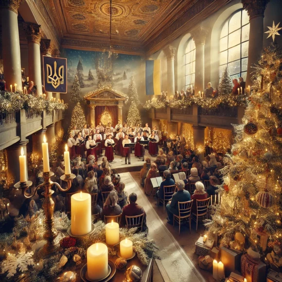 DALL·E 2024-11-08 15.44.07 - A cozy Christmas concert scene in a museum with festive decorations, a choir dressed in traditional Ukrainian attire performing on a small stage, and Weihnachtskonzert der Deutsch-Ukrainischen Gesellschaft Dach Lübeck e.V. am 12.12.2024